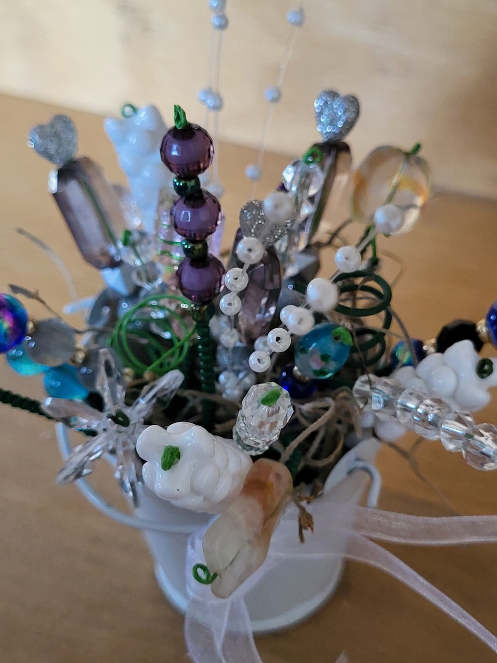 Beaded Floral Bouquet with Clear, Purple & Green Accents